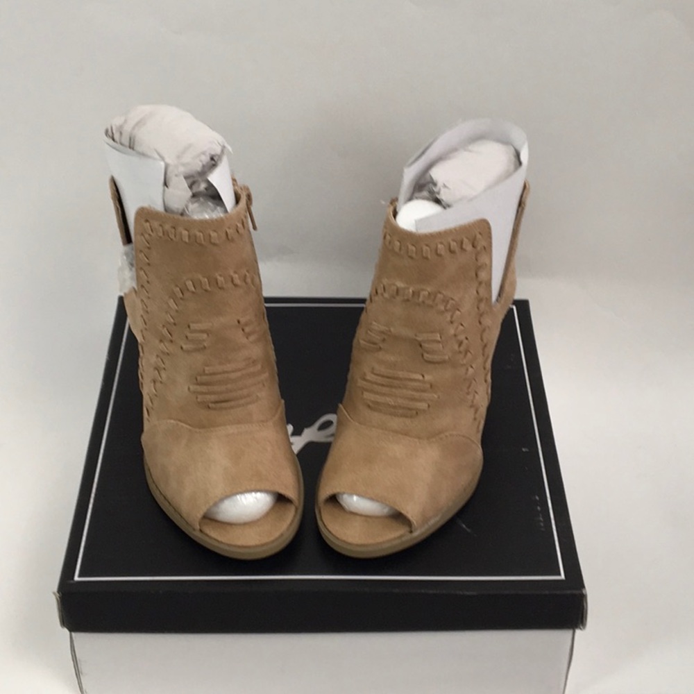 TAN DISTRESS PEEP-TOES BOOTIES